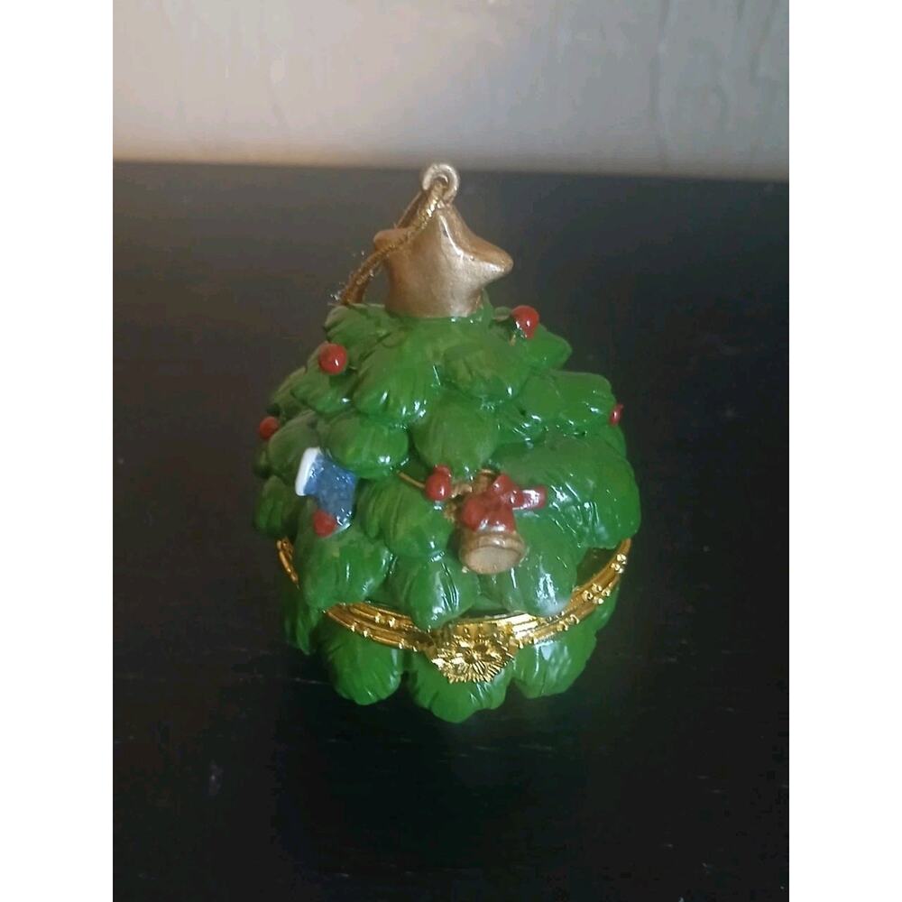 Porcelain Hinged Christmas Tree Trinket Box 3” Tall, Gold Trim, Star
